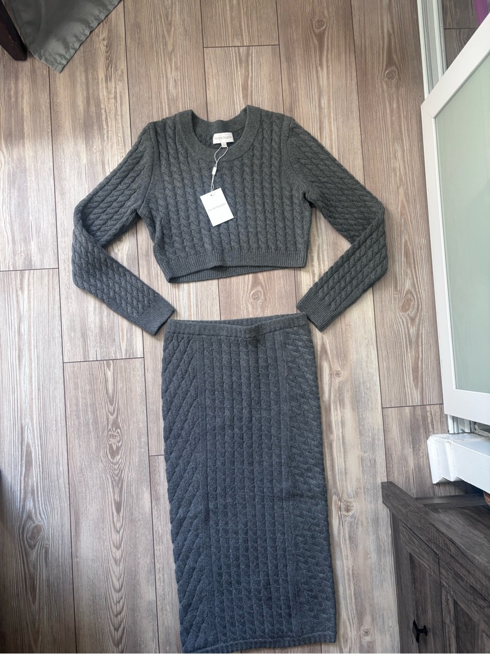 Favorite Daughter Gray Cable-Knit Crop Sweater & Midi Skirt Set